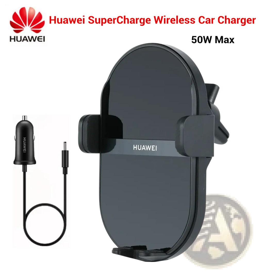 Black huawei 50w wireless car charger with sleek oval design and integrated clamping mechanism for secure charging
