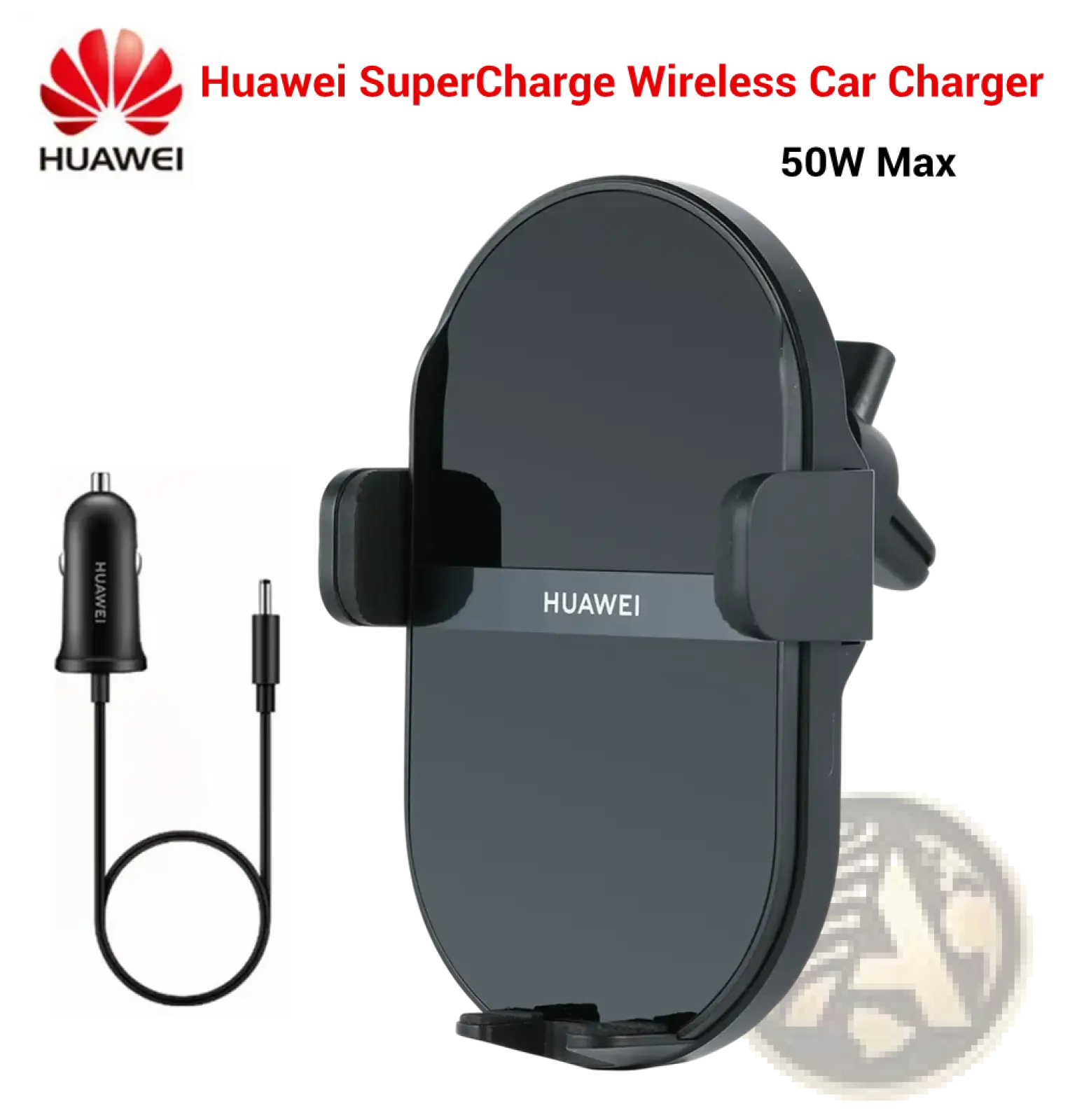 Black huawei 50w wireless car charger with sleek oval design and integrated clamping mechanism for secure charging