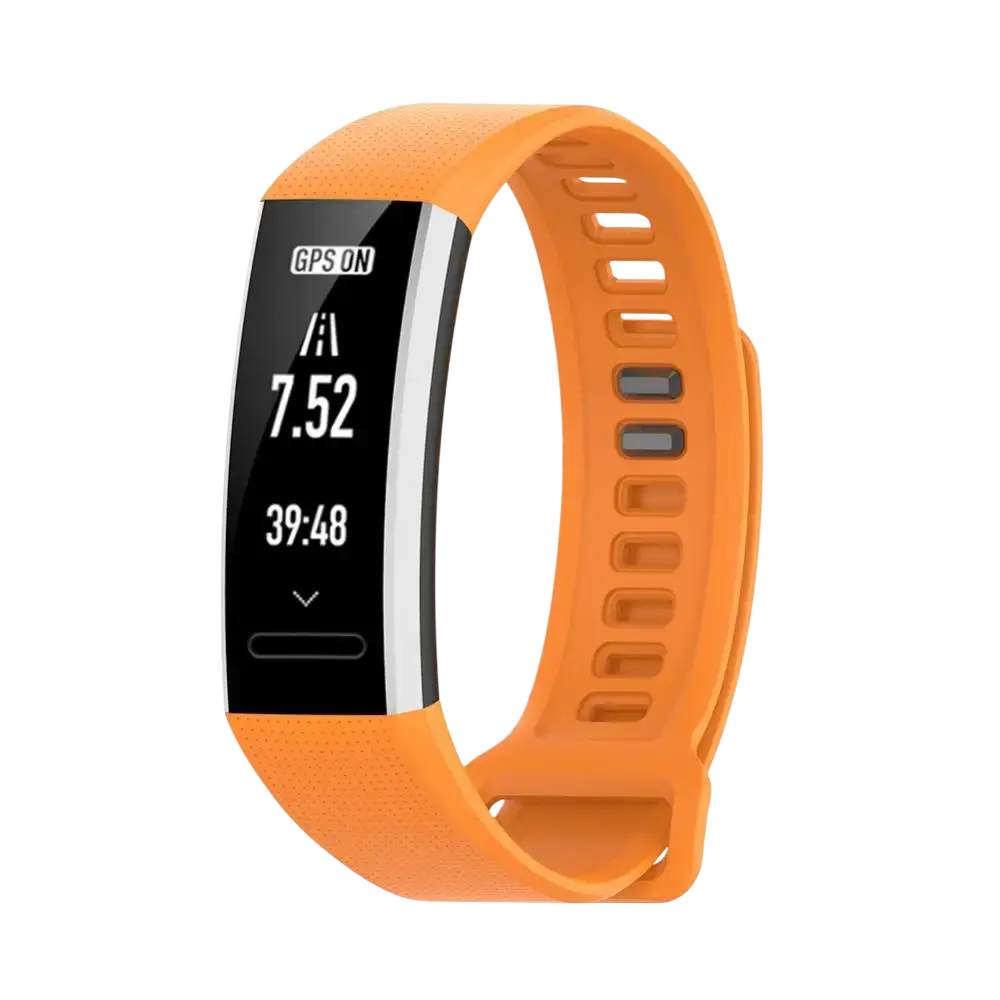 Orange silicone bracelet strap for huawei band 2 pro wrist band with black screen showing gps status and step count