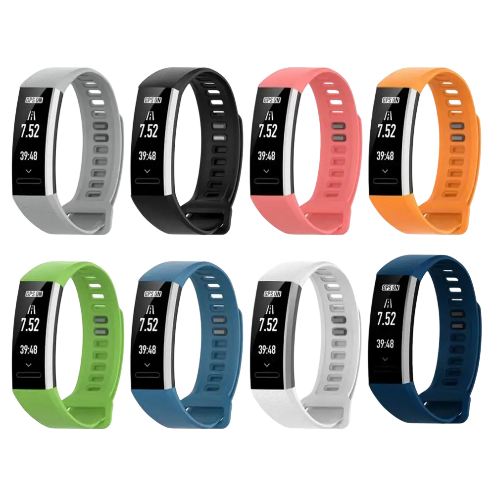 A sleek huawei band 2 pro wrist band with a colorful silicone bracelet strap in eight vibrant hues and black screen