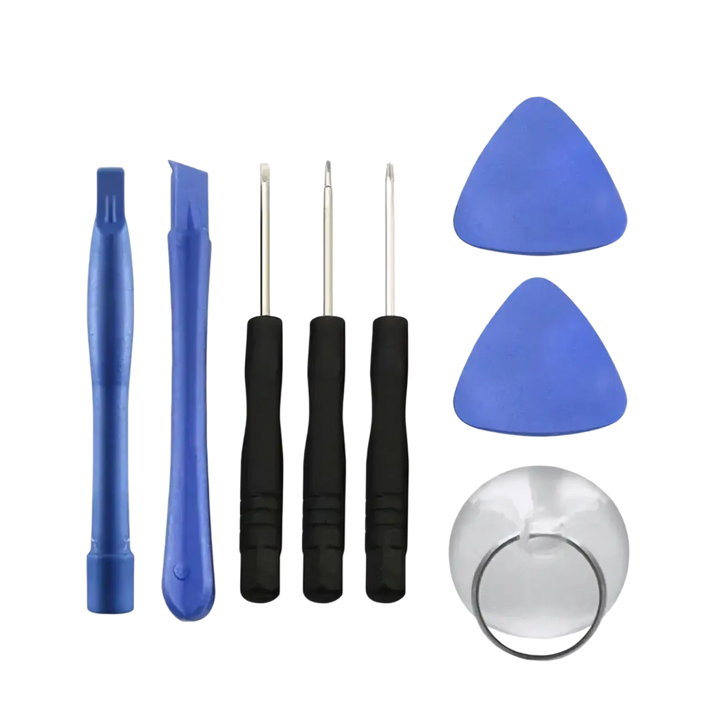 Blue plastic pry tools and black screwdrivers with a clear suction cup for huawei mate pro housing battery rear case glass repair