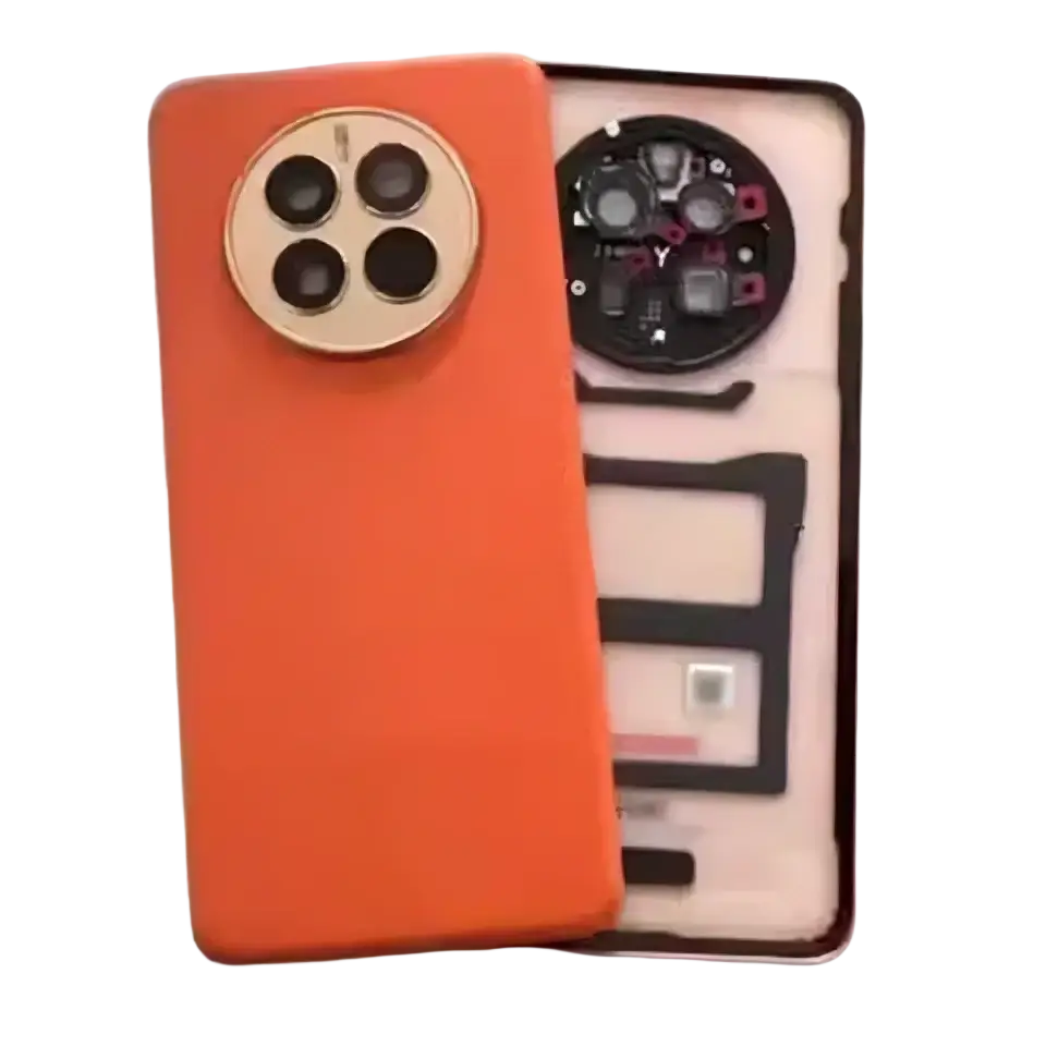 Orange huawei mate 50 pro housing battery rear case with circular camera module and gold trim on the back side