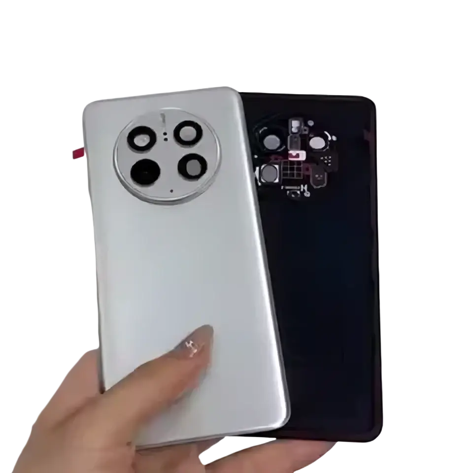 Silver huawei mate 50 pro housing battery rear panel and black detached case showing internal circuitry and camera lens