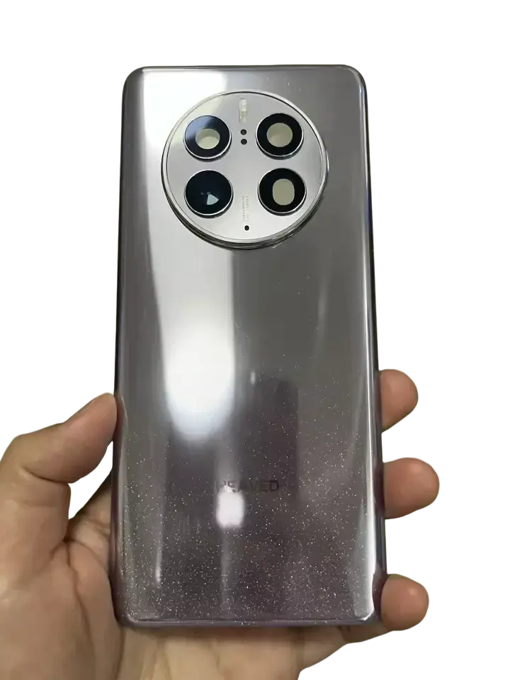 A sleek silver huawei mate 50 pro housing battery rear case glass with a circular four-lens camera module and glittery finish
