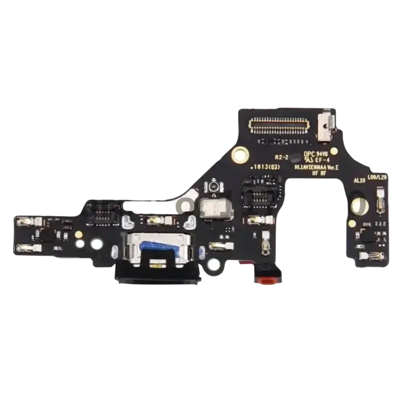 Black Huawei P20 P30 charging port flex cable replacement board with gold connectors and silver metallic components visible
