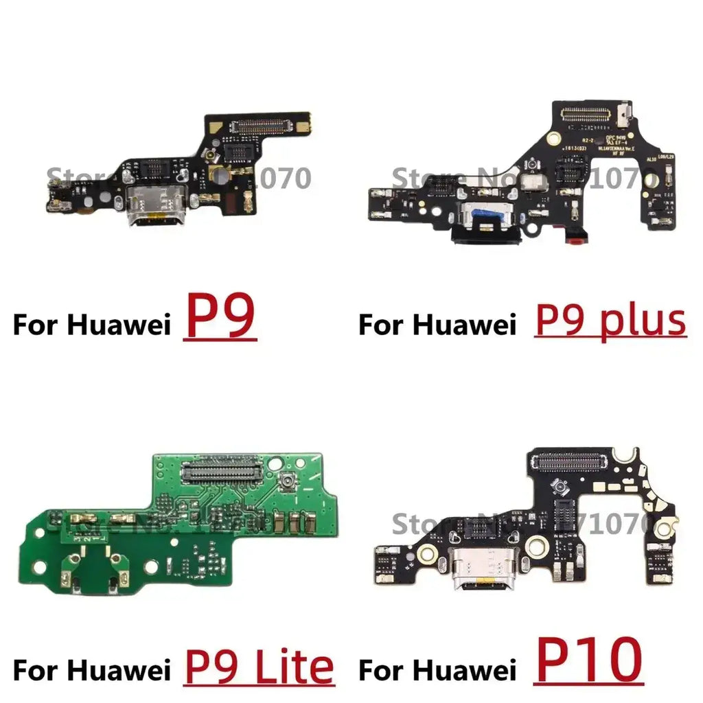 Black and green circuit boards with usb charging ports labeled for huawei p9 models for charging port flex cable replacement