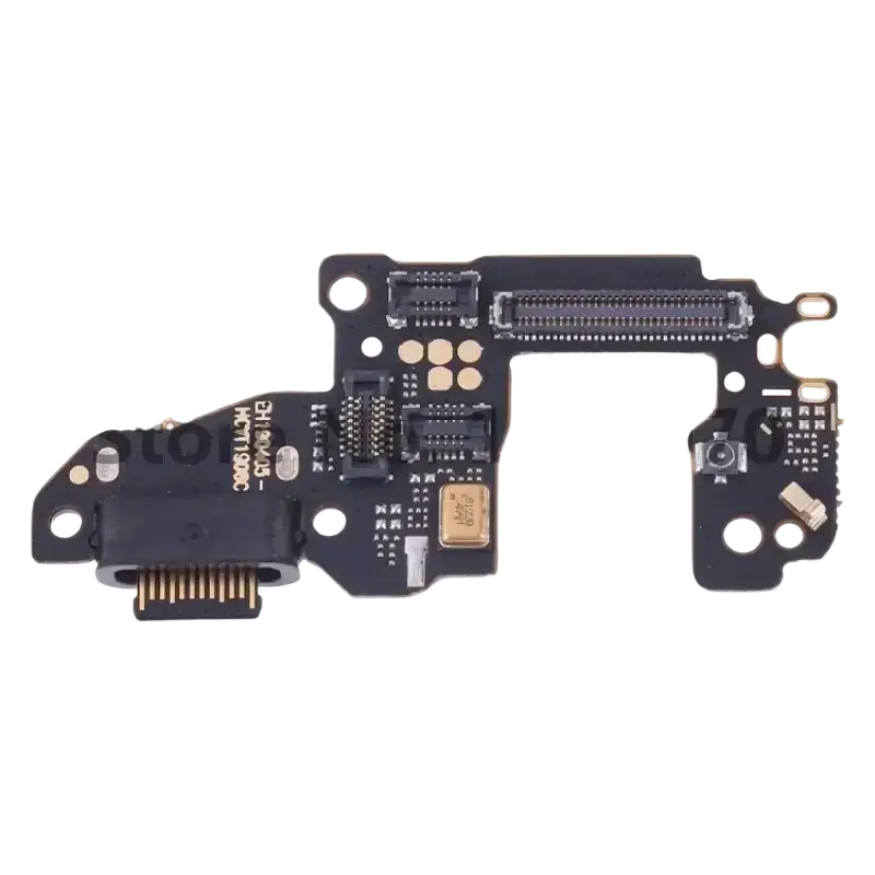 Black Huawei P20 P30 charging port flex cable with gold-plated contacts and printed circuit board components