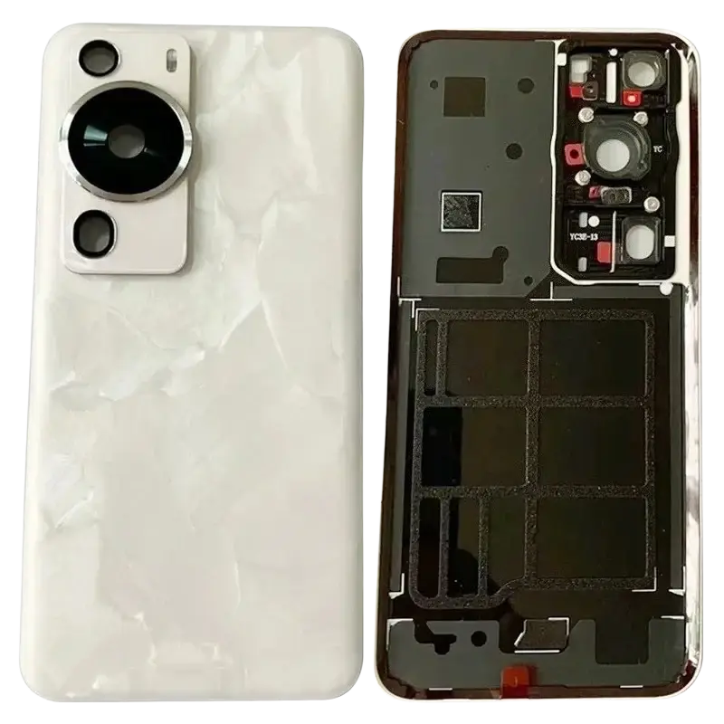 Back side of Huawei P60 Pro replacement back cover glass housing with white marble pattern and silver-accented circular camera module