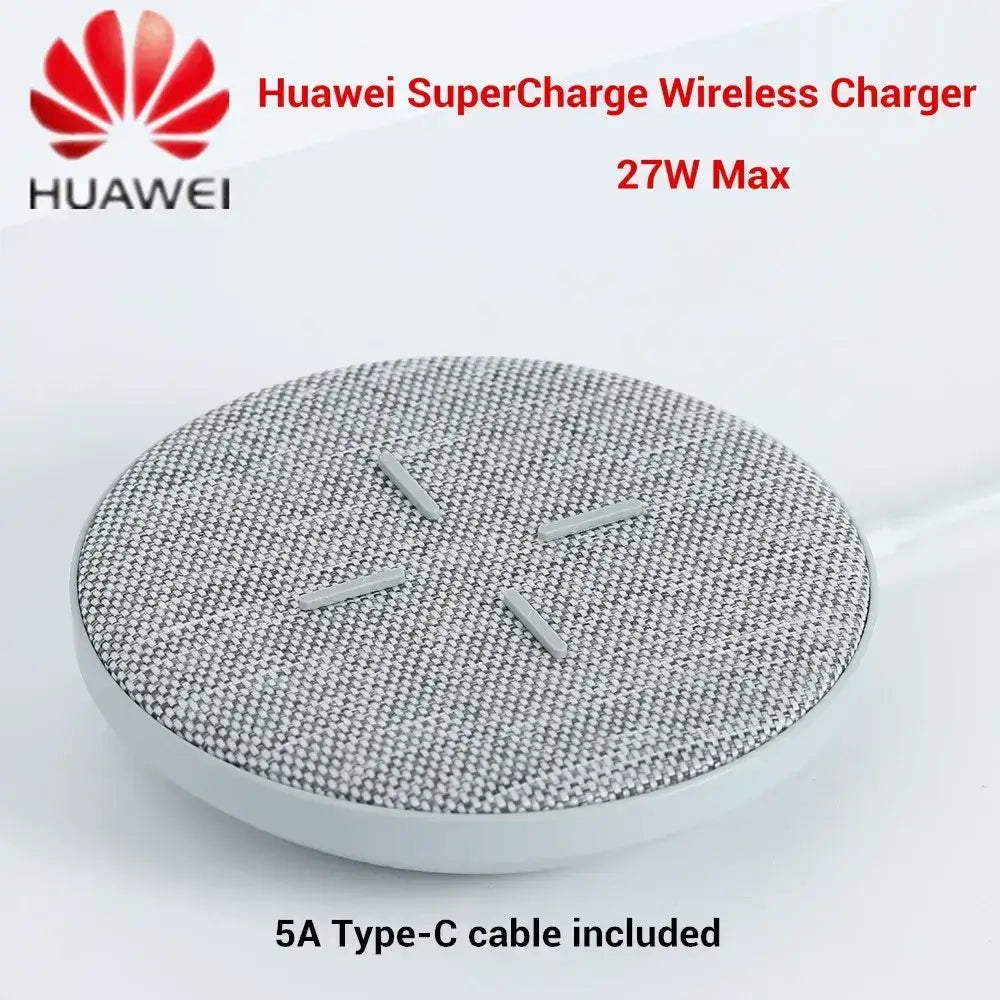 Huawei Wireless Charger Max 27w with textured gray fabric top, white plastic base, and four silver alignment guides for wireless charging