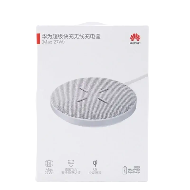 White huawei wireless charger max 27w with textured circular surface and four slots for efficient wireless charging