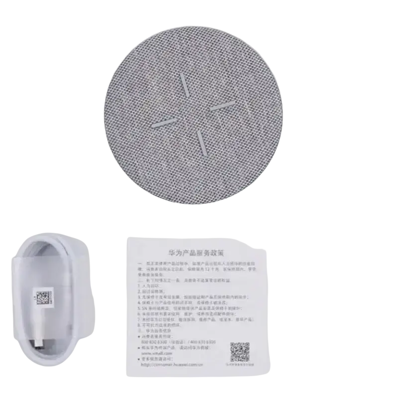White circular mesh wireless charger pad with integrated cable and adapter for max 27w wireless charging by huawei