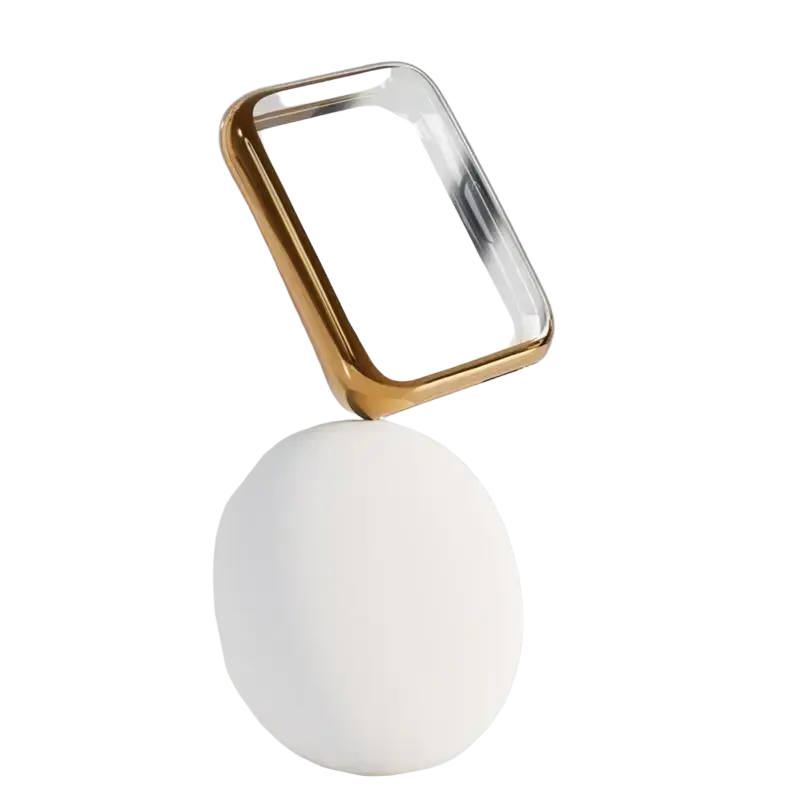 A sleek pink huaweiwatch fit2 protective silicone watch case displayed with a rectangular mirror on a white ceramic base