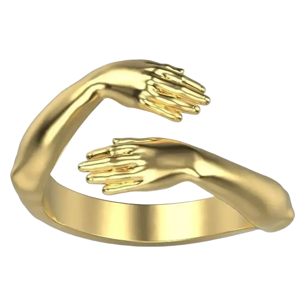 Gold-colored hugging hands open ring in silver zinc alloy featuring two intricately sculpted hands embracing each other
