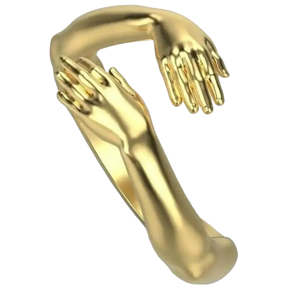 Golden bangle bracelet with intricately sculpted intertwined hands in polished silver zinc alloy huging hands open ring design