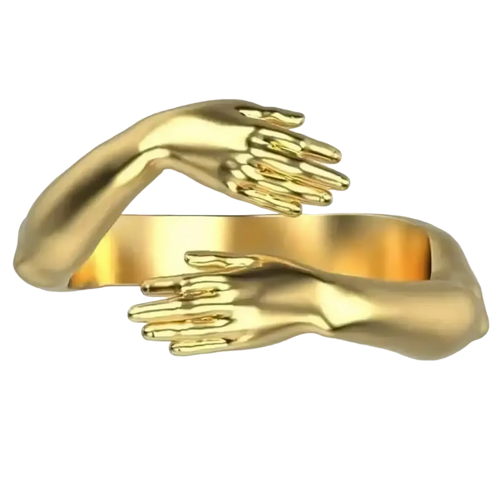 Golden metallic hugging hands open ring featuring two intricately sculpted arms in silver zinc alloy material