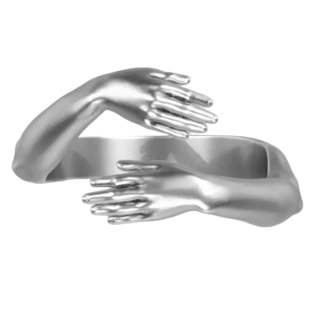 Silver-toned hugging hands open ring in zinc alloy featuring two intricately sculpted hands in a continuous design