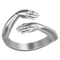 Silver zinc alloy hugging hands open ring with two intricately designed arms embracing in a gentle curved pose