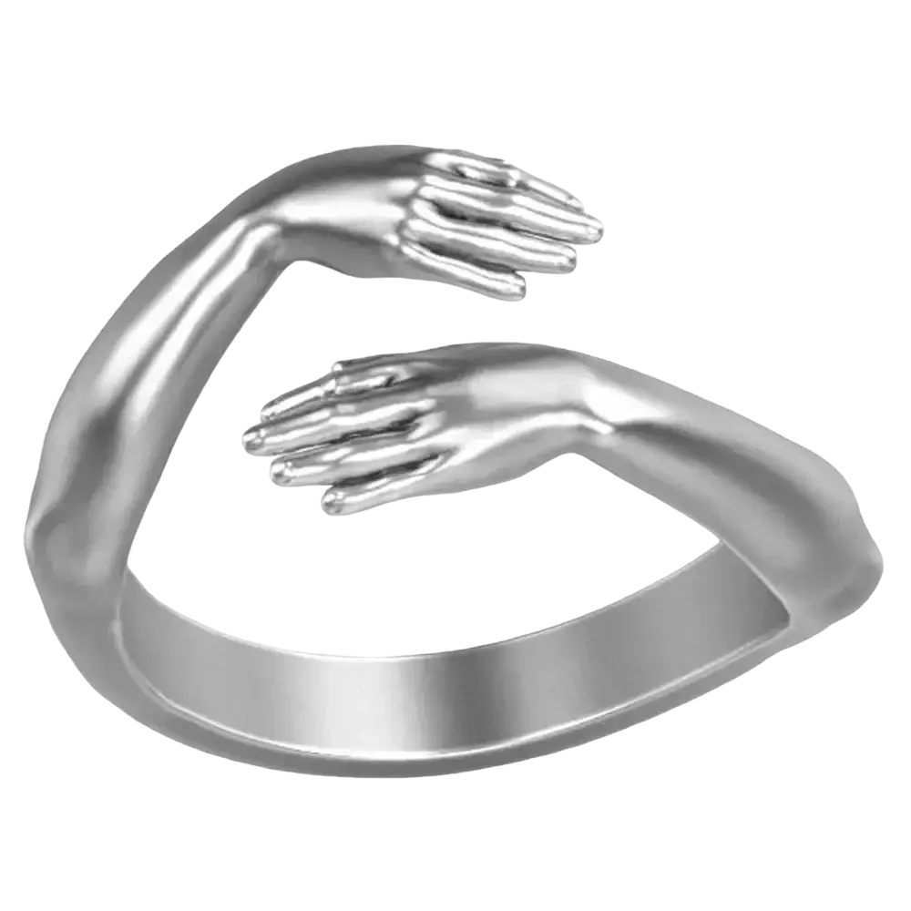 Silver zinc alloy hugging hands open ring with two intricately designed arms embracing in a gentle curved pose