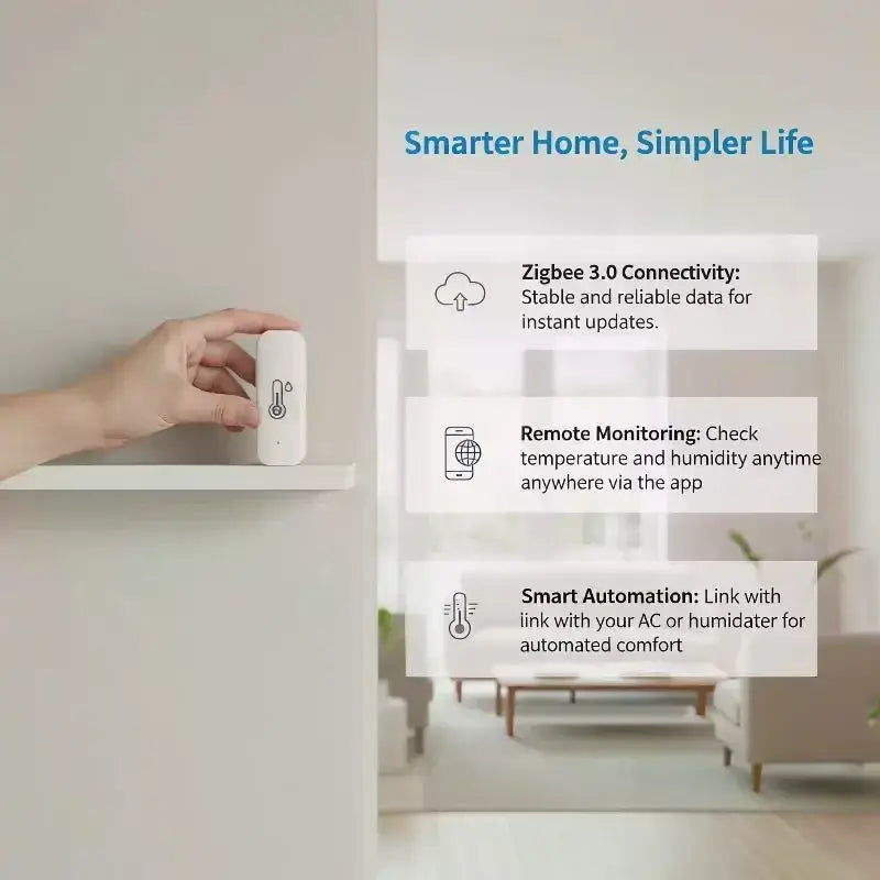 White rectangular humidity sensor smart temperature monitor with minimalist design and subtle temperature icon for indoor use