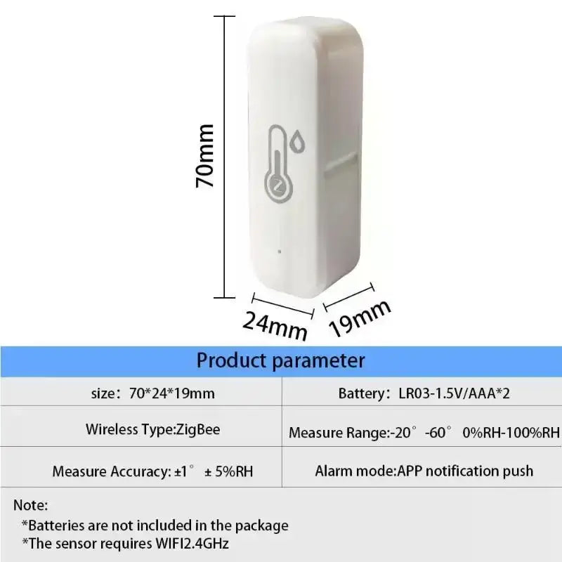 White rectangular wireless indoor humidity sensor with engraved thermometer and droplet icons for smart temperature monitoring