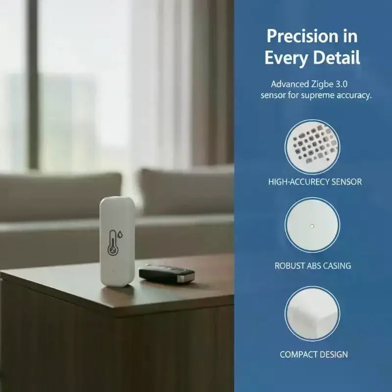 White cylindrical smart thermostat with humidity sensor and subtle temperature icon for wireless indoor app control