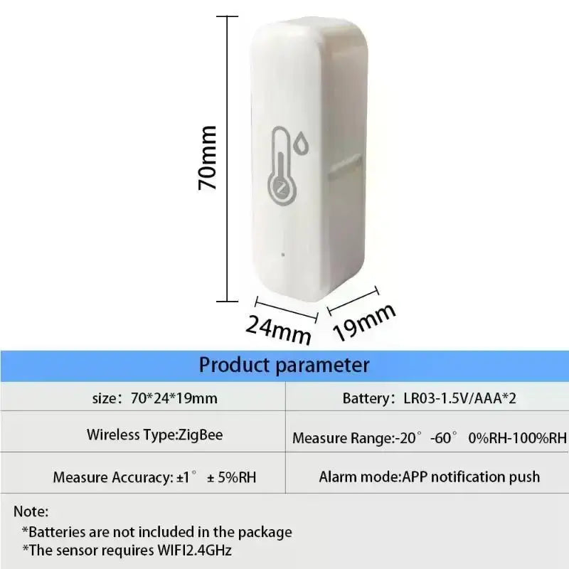 White rectangular humidity sensor with minimalist design and engraved thermometer icon for smart wireless monitoring
