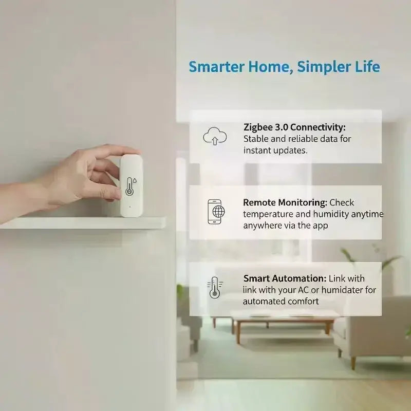 White rectangular smart wireless temperature monitor with minimalist design and humidity sensor icon on front panel