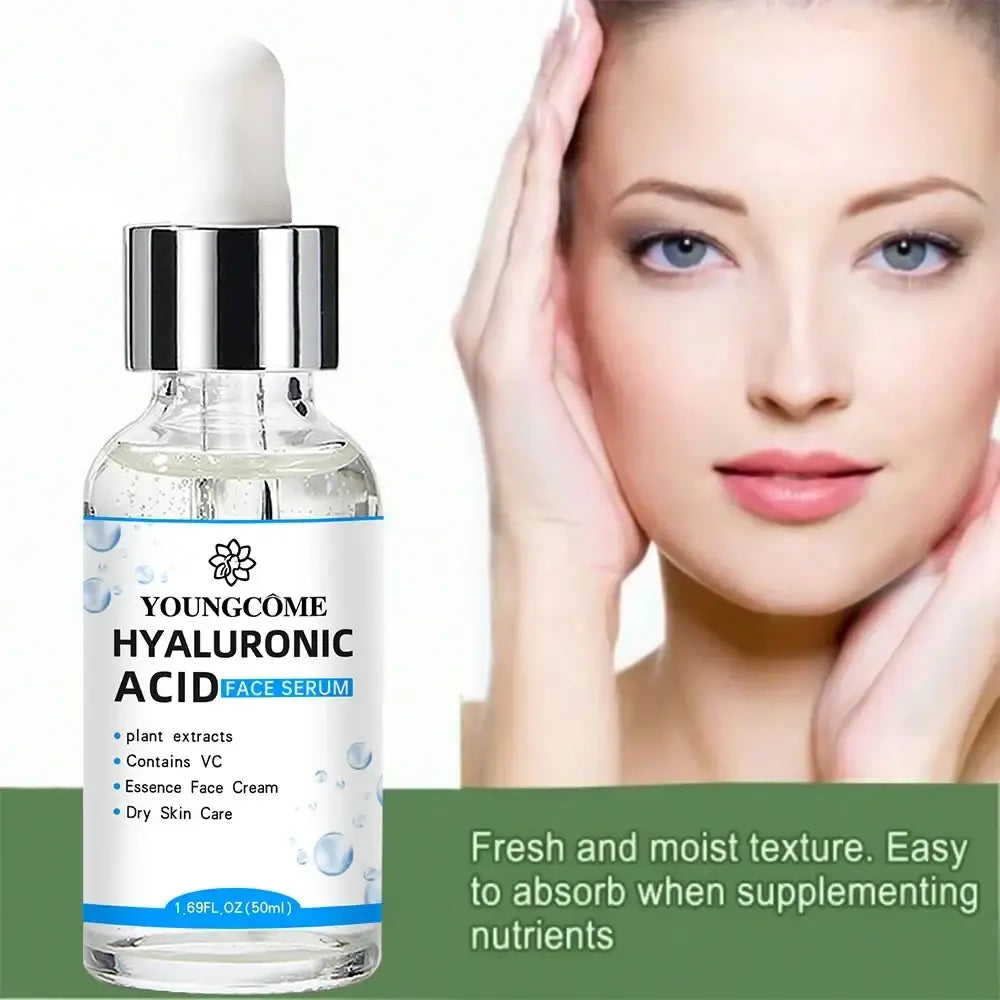 Clear glass bottle with silver dropper cap and white label of youngcome hyaluronic acid facial serum essence