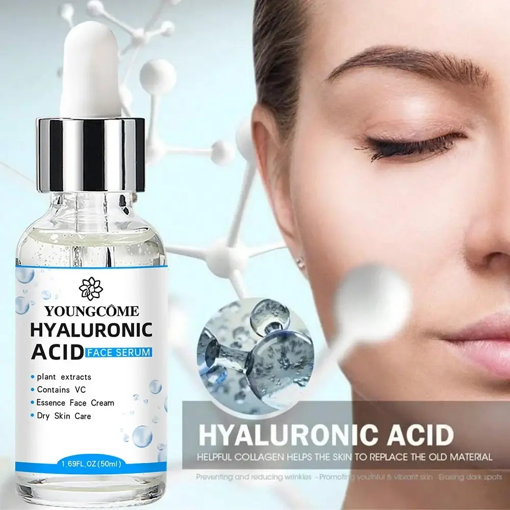 Clear glass bottle with silver dropper cap and white label of youngcome hyaluronic acid facial serum moisturizing essence