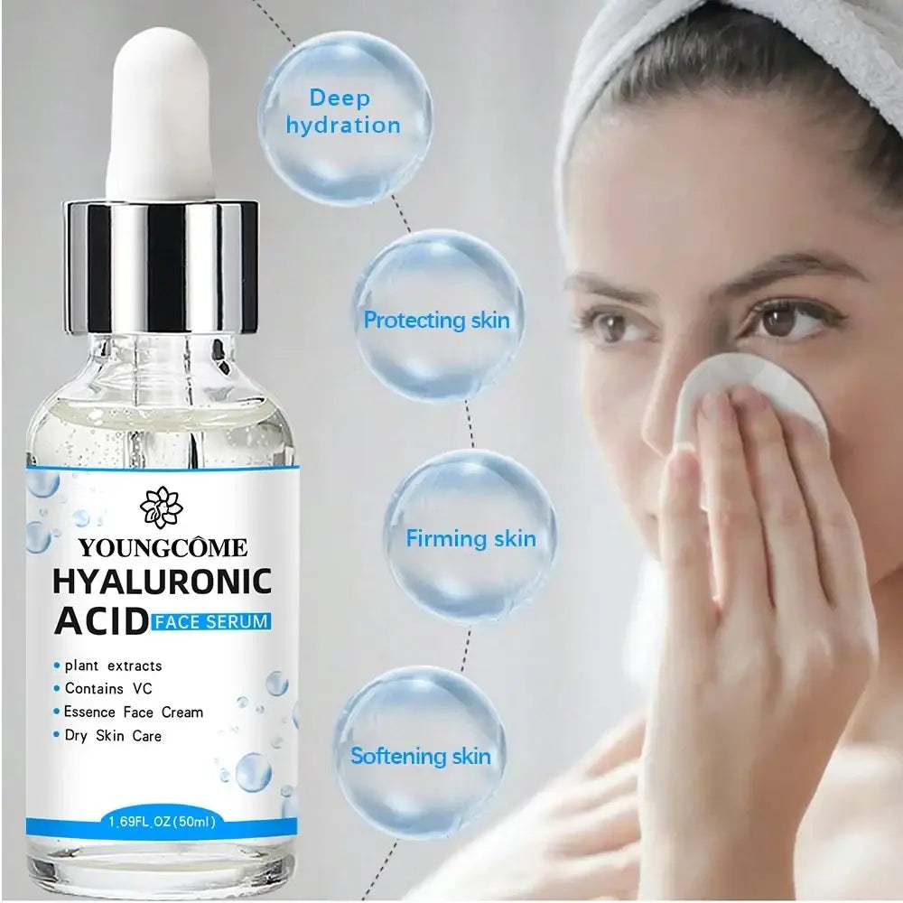 Clear glass bottle with silver dropper cap and white label featuring youngcôme hyaluronic acid facial essence serum