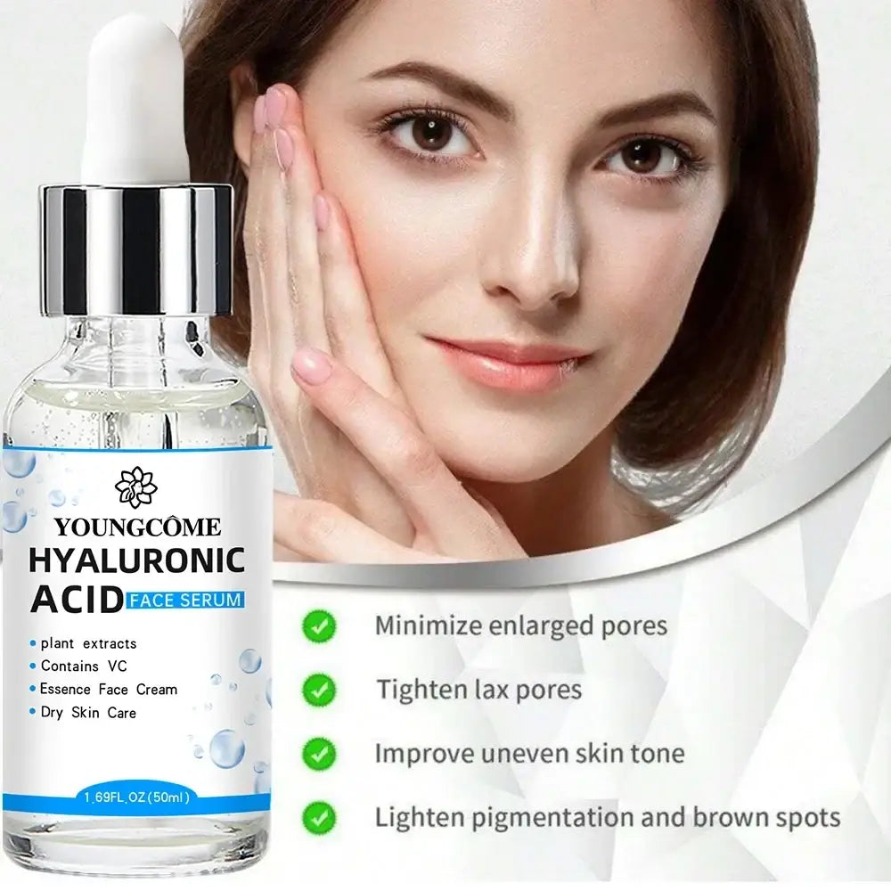 Clear glass bottle with silver dropper cap and white label containing youngcome hyaluronic acid facial essence serum