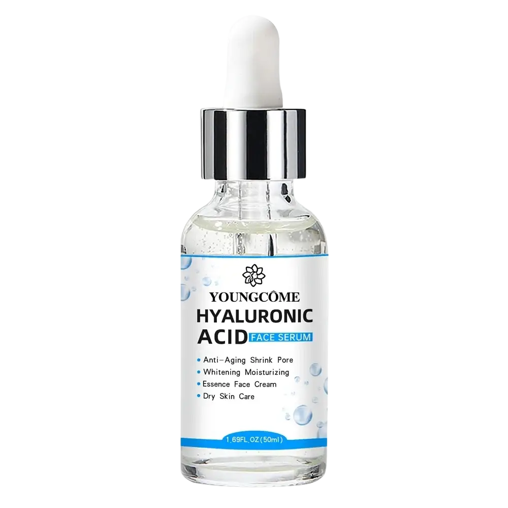 Clear glass bottle with silver dropper cap labeled youngcome hyaluronic acid facial essence moisturizing serum