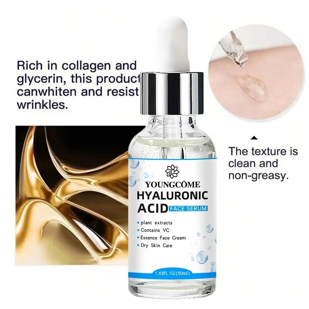 Clear glass bottle of hyaluronic acid facial serum moisturizing essence with silver dropper cap and white label