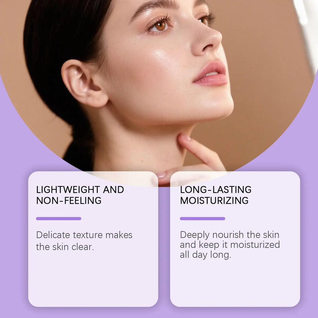 A woman with dark hair and glowing complexion gently touches her neck using hydrating BB cream perfect cover serum foundation