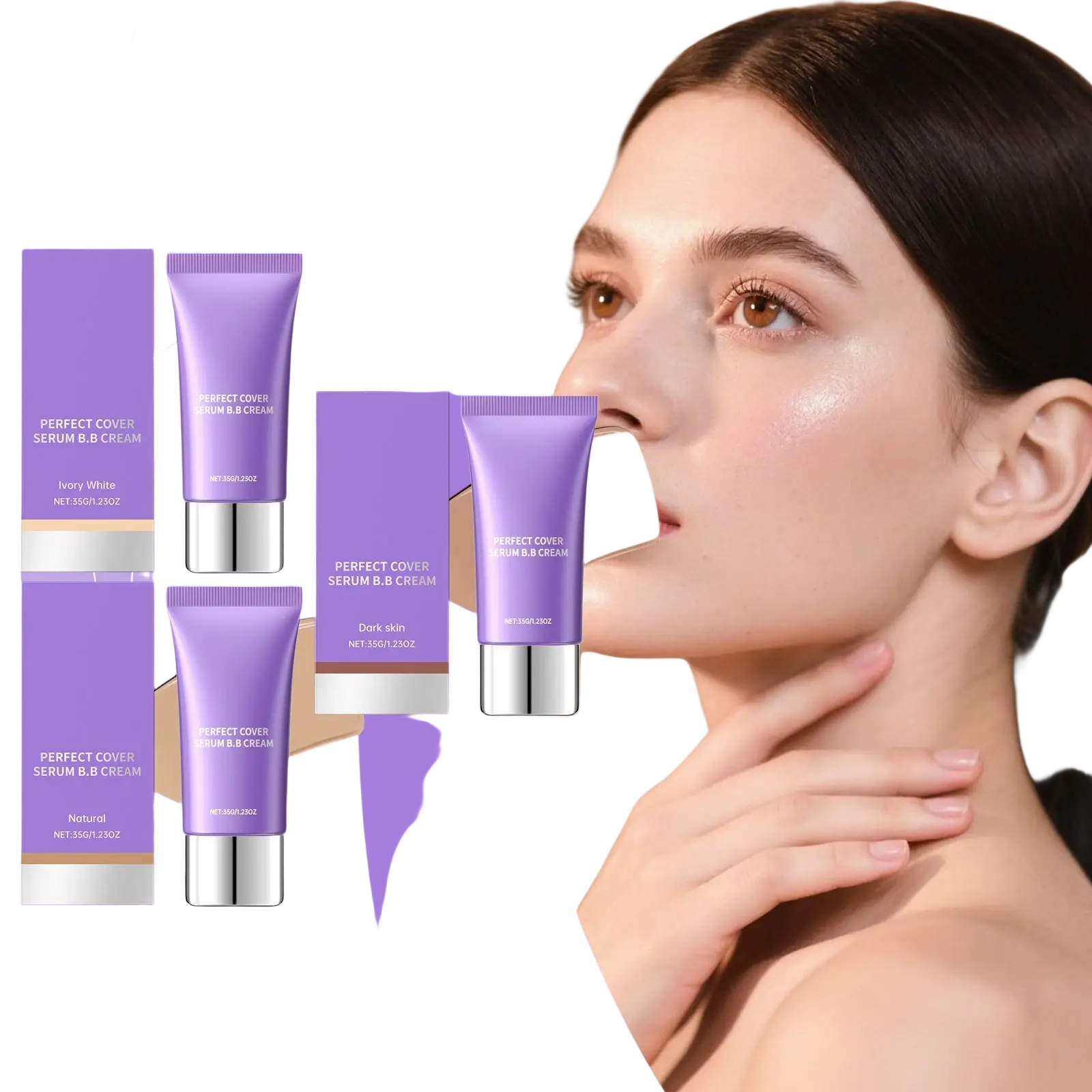 Purple tube of hydrating bb cream perfect cover serum foundation designed for flawless makeup application