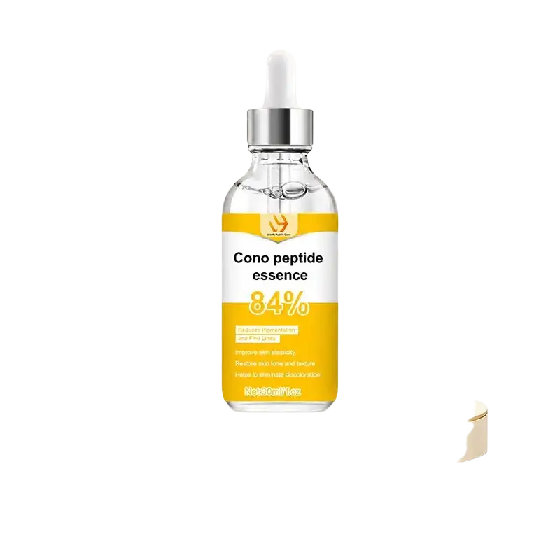 Clear glass bottle with silver dropper cap and yellow label reading cono peptide essence 84 hydrating facial serum 30ml