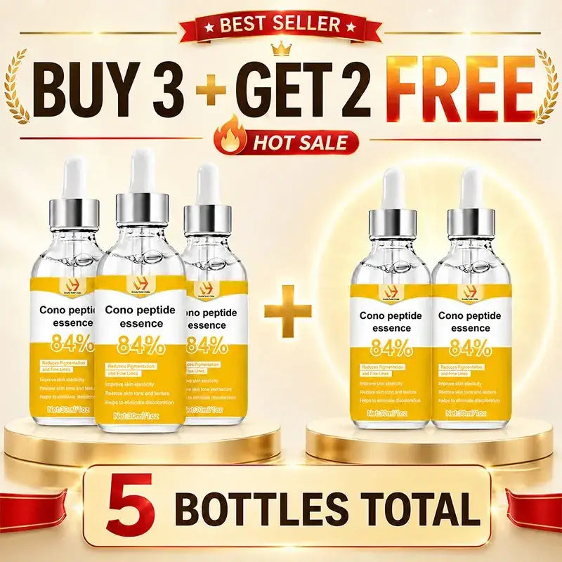 Five transparent glass bottles of hydrating facial serum 30ml with silver droppers and yellow cono peptide essence 84% labels displayed on golden platforms