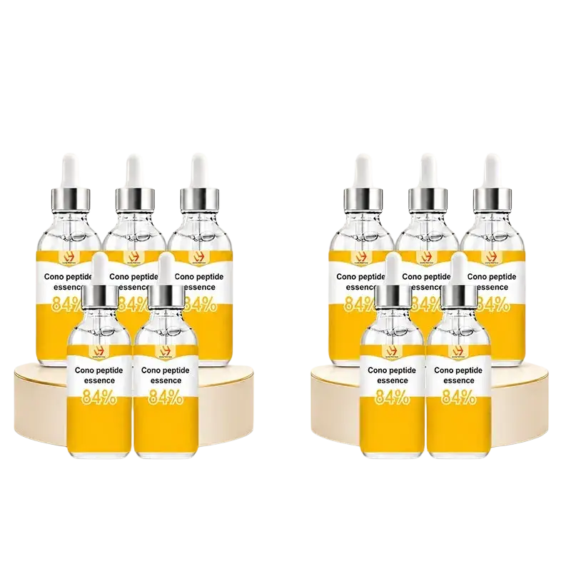Ten clear glass bottles of cono peptide essence 84 percent with silver droppers and yellow labels hydrating facial serum 30ml