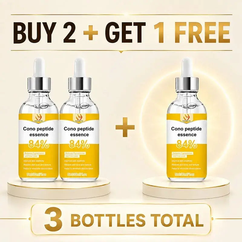 Three transparent glass bottles of cono peptide hydrating facial serum 30ml with silver dropper caps and orange labels