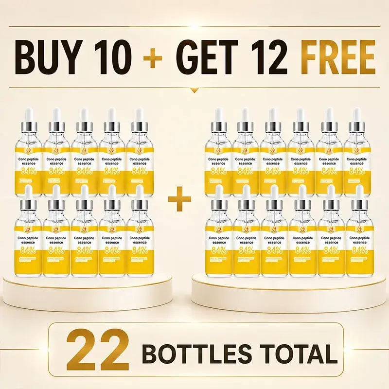 Twelve transparent glass bottles of cono peptide hydrating facial serum with silver dropper caps containing golden-yellow liquid
