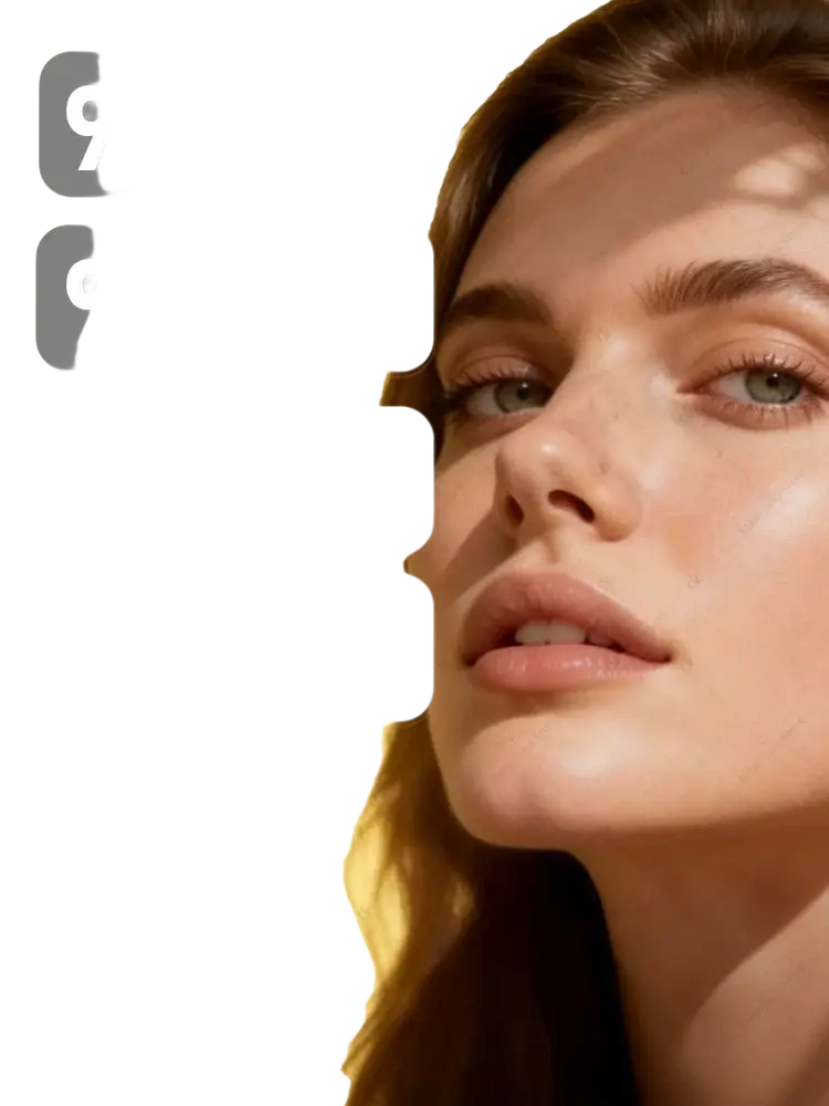 A woman with light brown hair and green eyes wearing subtle makeup promoting hydrating facial serum 30ml