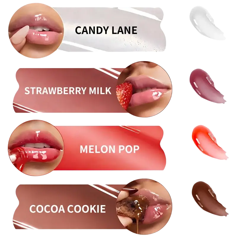 Candy lane hydrating fruit flavored glossy lip balm in a sheer pink shade with subtle shimmer and glossy finish