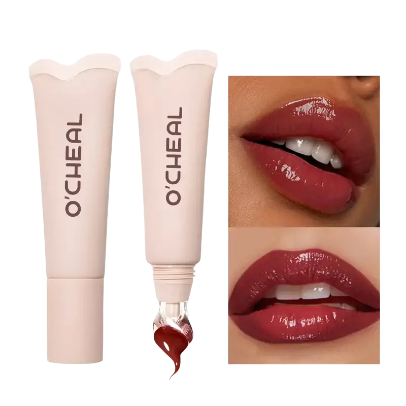 Ocheal 04 hydrating fruit flavored glossy lip balm in a sleek matte beige tube with a clear applicator tip