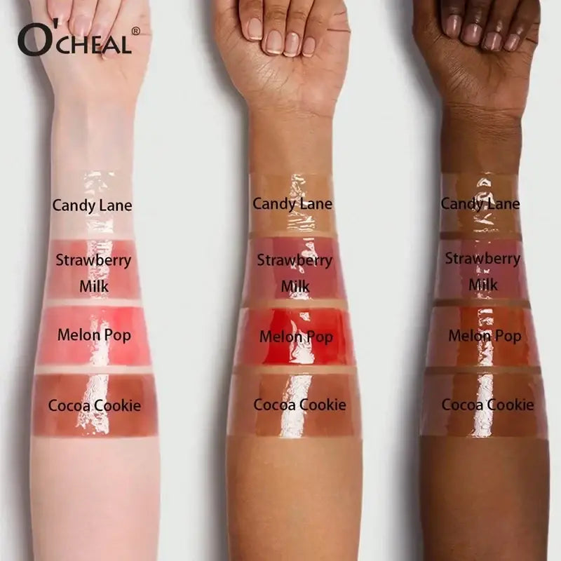 Hydrating fruit flavored glossy lip balm swatches in ocheal candy lane strawberry milk melon pop and cocoa cookie on three skin tones