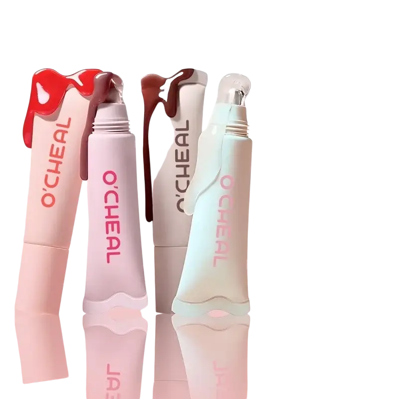 O’cheal hydrating fruit flavored glossy lip balm tubes in pastel pink white and light blue with red and brown drips