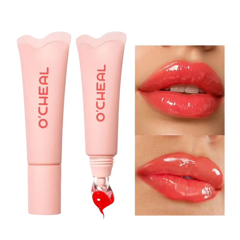 Pink ocheal hydrating fruit flavored glossy lip balm tubes in coral red with clear dropper applicator and scalloped caps