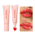 Pink ocheal hydrating fruit flavored glossy lip balm tubes in coral red with clear dropper applicator and scalloped caps