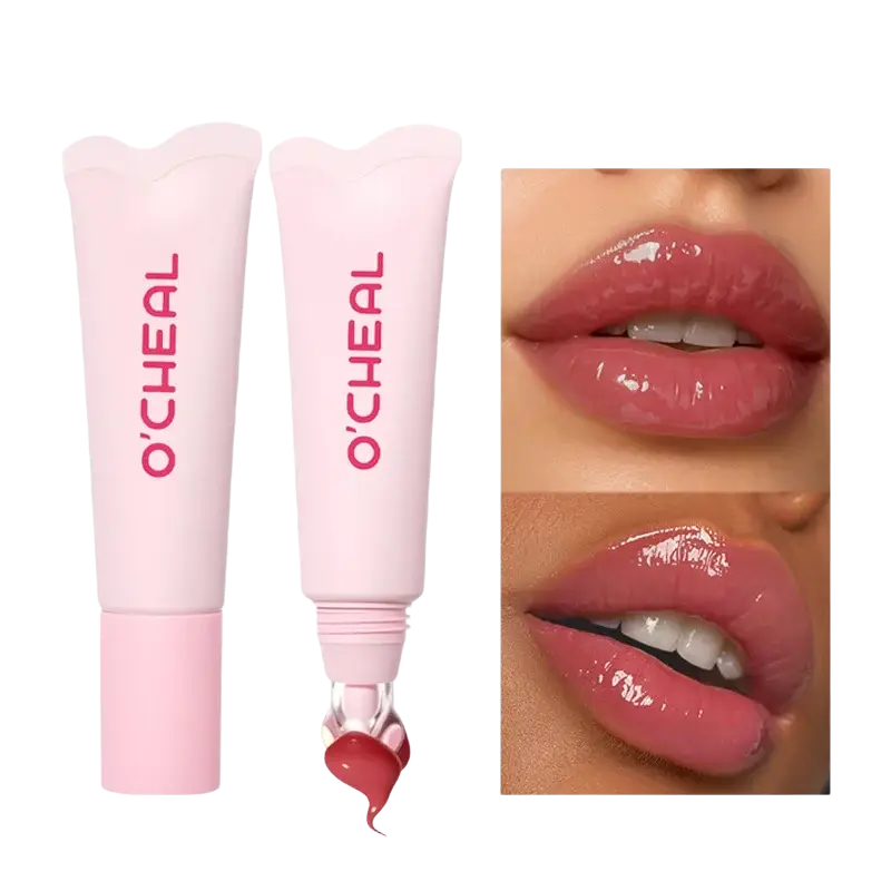 Pink ocheal hydrating fruit flavored glossy lip balm tubes with clear applicator tips showing a rose pink shade