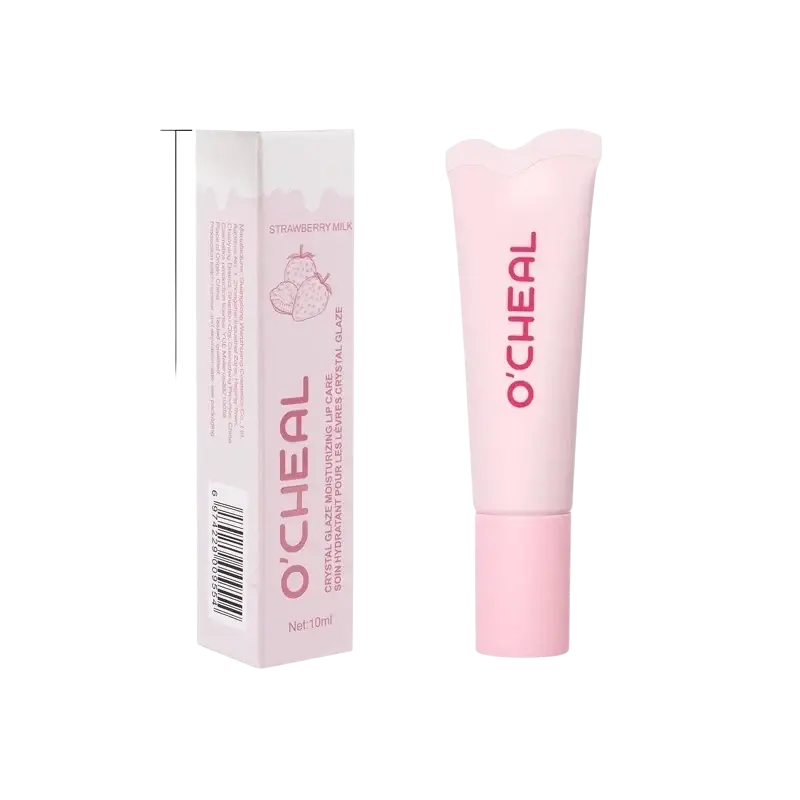 Pink ocheal strawberry milk crystal glaze moisturizing lip care tube with glossy hydrating fruit flavored balm and heart cap