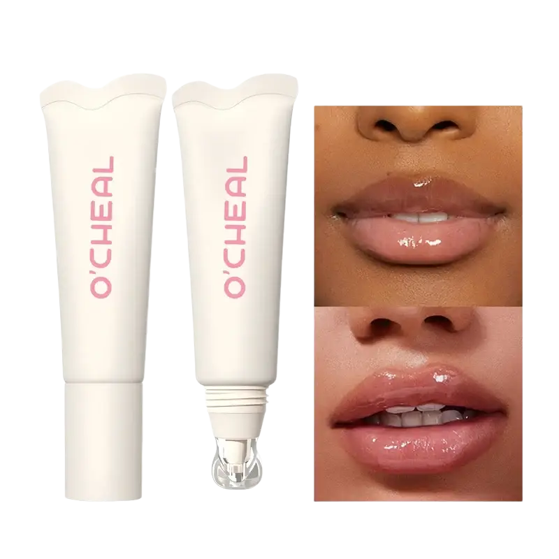 Two white ocheal hydrating fruit flavored glossy lip balm tubes with pink branding one capped one showing clear rollerball applicator